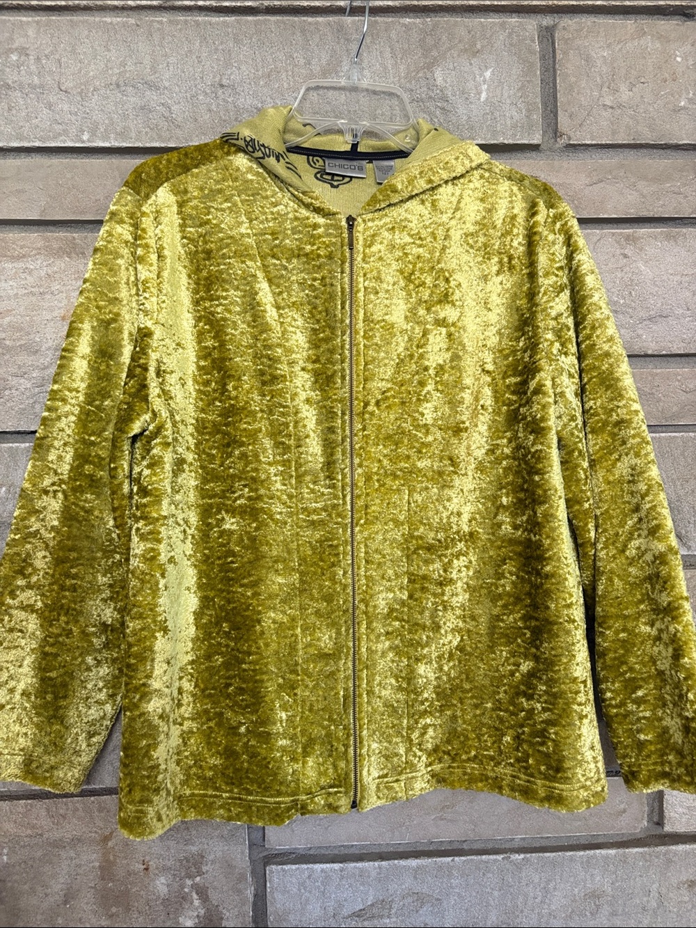 Chico's Olive-Lime Green Plush Velvet Hooded Zip-Up Jacket